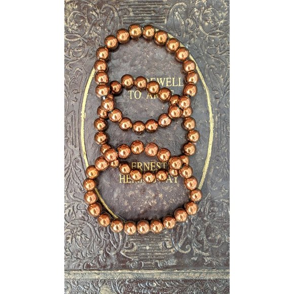 Brown bronze round glass bead stretch bracelets set of 3 - Picture 2 of 4